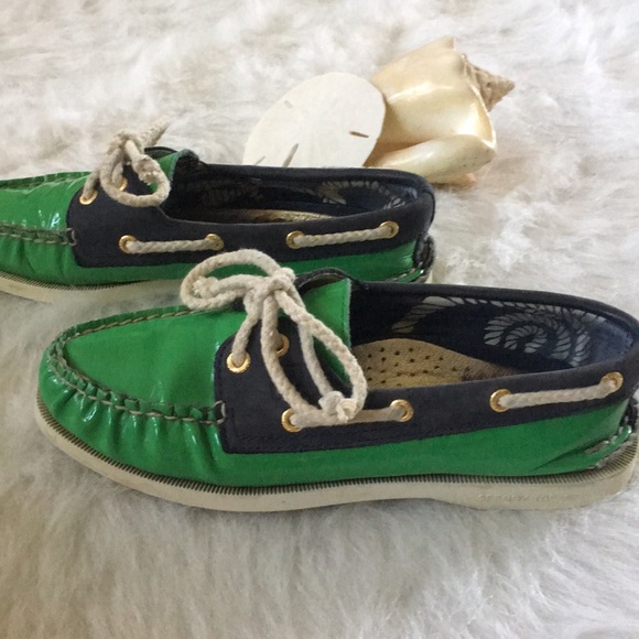 Sperry Navy and Green Patent Boat Shoes - Picture 3 of 8